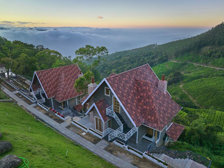 A-Frame Luxury Suite exterior at sunrise, Suryanelli, Munnar